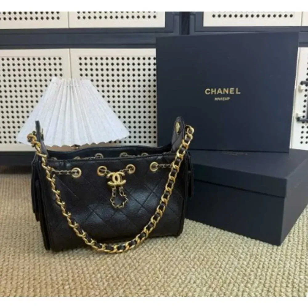 Chanel Black Quilted Leather Shoulder Tote with Gold Chain